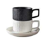 2PCS Couple Mugs Solid Ceramic Cup and Plate Set Coffee Milk Mugs Rock Patterned Cup for Gifts(White Black)