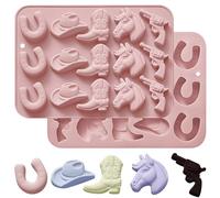 2Pcs Cowboy Chocolate Mold Double Powder, Candy Molds Western Themed Party for Ice Cube Cupcake Decorations, Clay Baking Moulds Silicone Hat Boot Horse Saddle Shape