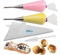 2Pcs Cream Icing Piping Nozzle Tip Stainless Steel,Long Puff Nozzle Tip with 50Pcs Disposable Pastry Piping Bags Cupcake and Puff Filling Kit Decorating Tool Supplies