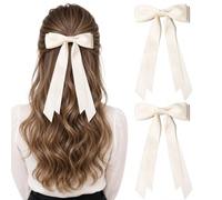 2PCS Cream Satin Long Tail Hair Bow Clips - Elegant Ivory Ribbon Barrettes with Sturdy Metal Alligator Clips, Soft Smooth Hair Accessories for Women Girls, Ponytail Half-Updo Party Wedding