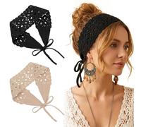 2Pcs Crochet Bandana, Ymapinc Soft Boho Headband for Women, Hair Bandanas & Head Wraps for Ladies, Bohemian Hair Accessories Black Beige