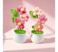 2Pcs Crochet Flowers Potted Plant Pink Knitted Bouquet for Desk Decor | Handmade crochet flowers bouquet 17cm tall No watering,no pollen Unique colors Great for home/office, table shelf,Gift for he