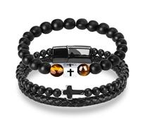 2Pcs Cross Bracelet for Men, Double-Row Black Braided Leather Beaded Bracelets + Cross Charm Tiger Eyes Bracelets Mens Jewelry Gift for Father's Day Baptism Birthday Christmas Christian Easter