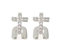 2Pcs Cross Tooth Grillz for Women Men Hip Hop Single Tooth Decoration Crystal Criss Cross Faith Religious Statement Tooth Fangs Cap Funny Teeth Grill Cosplay Party Mouth Accessories Jewelry(Silver)