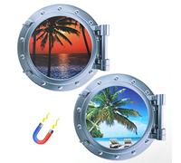 2pcs Cruise Door Magnets, Porthole Cruise Ship Door Decorations with Sea Beaches Palm Trees Beach Chairs Summer Style Scenery Cruise Magnets for Door, Fridge, Car, Carnival Cruise Ship Decor