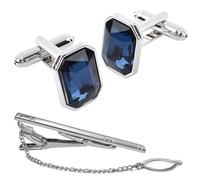 2PCS Crystal Cufflinks for Men with Elegant Tie Clip, Classic Men's Cufflinks and Cuff Links Set Business Wedding, Formal Shirts, Stylish Shirt Accessories Office Party Special Occasions (Blue)