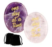2Pcs Crystal Gifts Amethyst Crystal, One Day at a Time Gifts | Worry Stone for Anxiety Relief, Reiki Healing Crystals, Good Luck Mindfulness Spiritual Gifts for Women Kids Colleagues