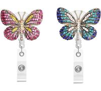2Pcs Crystal Retractable Badge Reel, Bling Diamond Nurse Badge Holder Reels with Swivel Alligator Clip for Teachers Students Employees Identification Badges (Blue, Pink Butterfly)