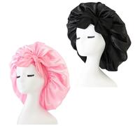 2PCS Curly Hair Sleep Bonnets ,Silk Bonnet for Sleeping Curly Hair, Satin Silk Bonnets in Pink & Black with Adjustable Tieng Curly Hair