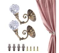 2PCS Curtain Holdbacks, Metal Curtain Holdback Hook Metal Tieback Hooks For Curtains Iron Artificial with Crystal Ball Wall Mounted Screw for Home Office(Bronze), 4x6.2cm