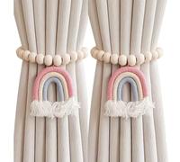 2PCS Curtain Tie Backs, Curtain Tiebacks with Rainbow Tassel Pendant, Wooden Beaded Tie Backs for Curtains, No Punching Curtain Holdbacks Window Treatment for Bedroom Nursery Farmhouse Boho Decor