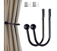 2PCS Curtain Tie Backs Hooks, Curtain Tie Backs Black, Metal Black Curtain Holdbacks Black Decorative Curtain Holdback Window Curtain Holder, Wall Mounted Curtain Tie Backs With Screws
