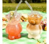 2PCS Cute Bear Glass Cup with Straw | 2025 New 320ml Reusable Tumbler Funny | for Iced Hot Tea Milk Juice Water Cocktail Beer Wine | Microwave Safe Home Bar