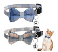 2Pcs Cute Cat Collar with Bells - Breakaway Bowtie, Adjustable Kitten Puppy Solid Color Set, Removable Bow Tie, Blue and White Plaid
