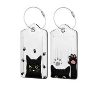 2Pcs Cute Funny Black Cat Luggage Tags Privacy Cover ID Label with Stainless Steel Loop and Address Card, Funny Baggage Tag for Men Women Travel Bag Suitcase