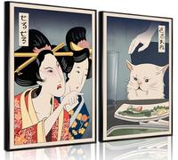 2Pcs Cute Funny Japanese Cat Wall Art Woman Yelling at Cat Posters Prints Vintage Japanese Canvas Paintings japanese Wall Decor Pictures Living Room Dining Room Kitchen Decoration Unframed