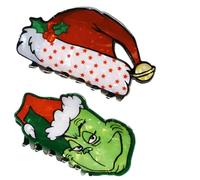2pcs Cute Hair Clip, Red and Green Christmas Hair Accessories, Green Fur Monster Acrylic Claw Clip, Red Hat Hair Clip for Girls,Adorable The Grinch Christmas Hat Hair Claw Clip
