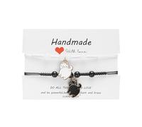 2Pcs Cute Kawaii Black White Cat Couple Bracelet With Wishing Cards Handmade Adjustable Cartoon Cat Braided Rope Bracelet for Women Men Friendship Jewelry Animals Lovers Gifts, M, Resin, no gemstone