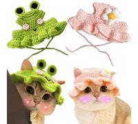 2Pcs Cute Knitted Rabbit Hat, Funny Bunny Hats for Pet Rabbits Large Guinea Pig Small Dog Cat Pet Bunny Costume for Birthday Party Christmas Halloween Easter Travel Accessories (Frog and Flower)