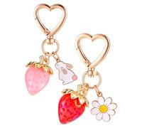 2PCS Cute Strawberry Keychain Bag Purse Charms Kawaii Heart Daisy Flower Key Chain Strawberry Fruit Key Chain Heart Rabbit Daisy Flower Keyrings Strawberrys Keychains Accessories for Women Girls
