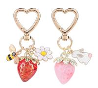 2pcs Cute Strawberry Keychains for Women, Strawberry Shortcake Gold Bag Charm with Bee Daisy Rabbit Items Pendant Fashion Fruit Flower Key Chain for Bag Purse Key Ring Backpack Decor