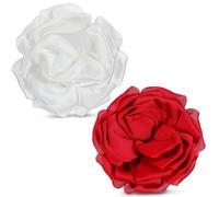 2Pcs Dainty Satin Rose Flower Brooch, 4'' Corsage Hair Pins, Elegant Hair Clip and Accessory for Women, Fabric Flower Brooches for Dresses, Vintage Red & White Floral Pins