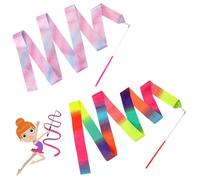 2pcs Dance Ribbons Rainbow Gymnastics Ribbon for Kids Dancer Dance Twirling Sticks Streamers for Artistic Dancing Talent Shows Dance Floor Party Props Rhythmic Baton for Circus Carnival Shows