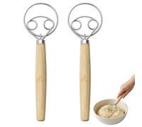 2PCS Danish Dough Whisk, Stainless Steel Double Eyes Bread Dough Mixer, Wooden Handle for Pastry, for Bread Dough Mixer Accessory Tool for The Kitchen, Pastry or Pizza Dough