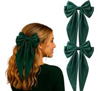 2PCS Dark Green Satin Ribbon Bow Hair Clips - Double Layer Barrettes with Long Tails & Metal Clip - Detachable Large Bows for Girls & Women - Christmas Hair Accessories for Wedding Party School