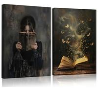 2Pcs Dark Preppy Butterfly Book Canvas Wall Art Gothic Victorian Woman Reading Magic Book Wall Decor Dark Moody Girl Posters Prints Vintage Bookish Reading Corner Paintings Pictures 12x16 Inch