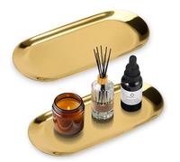 2Pcs Decorative Tray, Stainless Steel Gold Tray, Jewellery vanity perfume Trays, Gold Bathroom Accessories Polished Finish, Oval Elegant Small Trays Decorative for Jewellery Desserts Snack Coffee