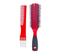 2pcs Detangling Hair Brush & Comb Set - Glide-Thru Detangler for Wet & Dry Hair | Pain-Free Brush for Kids & Adults | Metal Pin Tail & Fine-Tooth Comb | No More Tangles, Anti-Frizz & Smooth (Red)