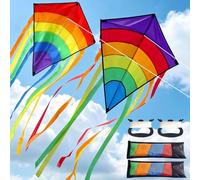 2PCS Diamond Kite for Kids & Adults, Rainbow Kite with Long Tail & 80m Flying String, Colorful Kites with Storage Bag and Line Board, Easy to Fly, Outdoor Games for Beginners