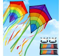 2Pcs Diamond Kites, Rainbow Kites Easy to Fly, Colorful Diamond Kite with Long Tail & 80 meters Flying String