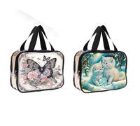 2pcs Diamond Painted Transparent Cosmetic Bag, Travel Toiletry Bag, Storage Bag, Perfect for Travel and Bathroom Storage(Floral Butterfly and cat)