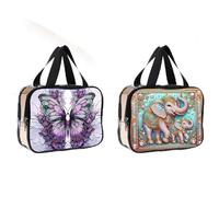 2pcs Diamond Painted Transparent Cosmetic Bag, Travel Toiletry Bag, Storage Bag, Perfect for Travel and Bathroom Storage(Butterfly and Ethnic Elephant)