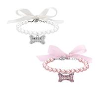 2Pcs Dog Pearl Necklace Collar, Fancy Dog Necklace Collar with Rhinestone Bone, Bling Cat Jewelry Decor for Puppy Kitten Party Wedding Birthday
