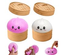 2PCS Dumpling Squishy, Big Mystery Dumplings Squishies Box, Cute Bao Bun Fidget Real Office Desk Decor, Soft Sensory Squeeze Ball with Steamer for Anxiety Stress Relief, Surprise Easter Gift