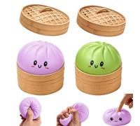 2PCS Dumpling Squishy, Big Mystery Dumplings Squishies Box, Cute Bao Bun Fidget Real Office Desk Decor, Soft Sensory Squeeze Ball with Steamer for Anxiety Stress Relief (Green + Purple)