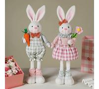 2Pcs Easter Bunny Plush Doll with Stretch Legs,Cute Stuffed Rabbits with Carrot Flower Doll,Telescopic Bunny Figurine for Home Office Front Door Kitchen Farmhouse Spring Ornament (Green+Pink)