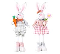 2PCS Easter Standing Bunny with Stretchable Legs 16’’-21’’ Easter Bunny Gnome Plush Decoration with Carrot Cute Rabbits Couple Figurine for Party Favor Photo Props Home Table Farmhouse Spring Decor