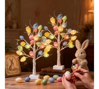 2PCS Easter Tree, Easter Tree with Lights Colourful Eggs, White Twig Tree with Lights Easter Decorations Indoor 30 Various Eggs for Tabletop Windowsill Indoor Home Decor Requires Battery Power