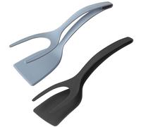 2PCS Egg Flipper Spatula, 2 in 1 Grip and Flip Egg Spatula Tongs, Non-Stick Turners for Sandwiches Bread Omelet Fish Steak French Toast, Tongs Grip Flip Fried Egg Turners Cooking Tool (Black+Grey)