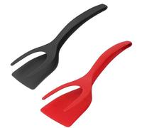 2PCS Egg Flipper Spatula, 2 in 1 Grip and Flip Egg Spatula Tongs, Non-Stick Turners for Sandwiches Bread Omelet Fish Steak French Toast, Tongs Grip Flip Fried Egg Turners Cooking Tool (Black+Red)