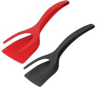 2PCS Egg Flipper Spatula Tongs - 2 in 1 Grip and Flip Egg Spatula, Non-Stick Turners for Pancakes, Sandwiches, Omelets, Fish, Steak, French Toast - Multifunctional Cooking Tool (Black+Red)