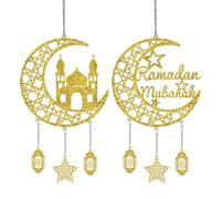 2pcs Eid Mubarak Hanging Ornaments, Acrylic Hollow Gold Moon Star Ramadan Decorations Eid Mubarak Door Signs for Home Office Living Room Party Decor