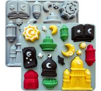 2Pcs Eid Mubarak Silicone Mold, Ramadan Chocolate Molds with Mosque Moon Star Quran Designs Eid al-Fitr Candy Mold Islamic Silicone Mold for DIY Baking Cupcake Toppers Jello Dessert Soap Resin Crafts