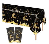 2Pcs Eid Ramadan Mubarak Table Cloth,137*274cm Black Gold Eid Moon Party Table Covers,Plastic Waterproof Eid Tablecovers Ramadan Mubarak Tray Tableware for Muslim Eid Moon Party Decorations Supplies