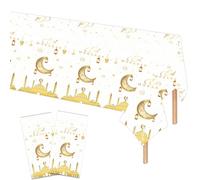 2Pcs Eid Ramadan Mubarak Table Cloth,137*274cm White Gold Eid Moon Party Table Covers,Plastic Waterproof Eid Tablecovers Ramadan Mubarak Tray Tableware for Muslim Eid Moon Party Decorations Supplies