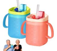 2PCS Elderly Spill Proof Cups, 280ML Unspillable Cup with 2 Handles，Elderly Drinking Cup with Lid and Straw, Adult Feeding Cup with Accurate Scale for Patients, Disabled, Elderly, Pink and Blue